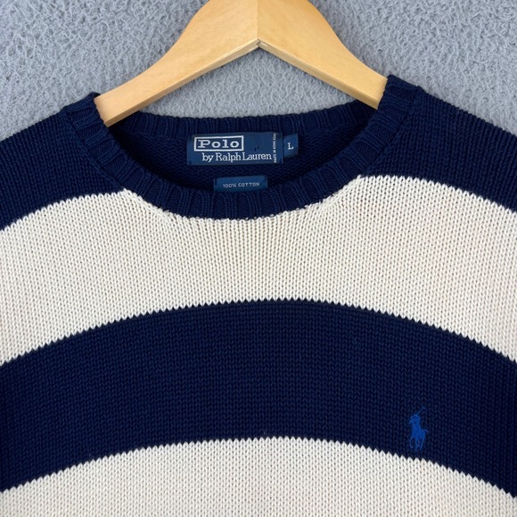 Polo Ralph Lauren Mens Striped Sweater Navy Cream Cotton Size L - Picture 3 of 9